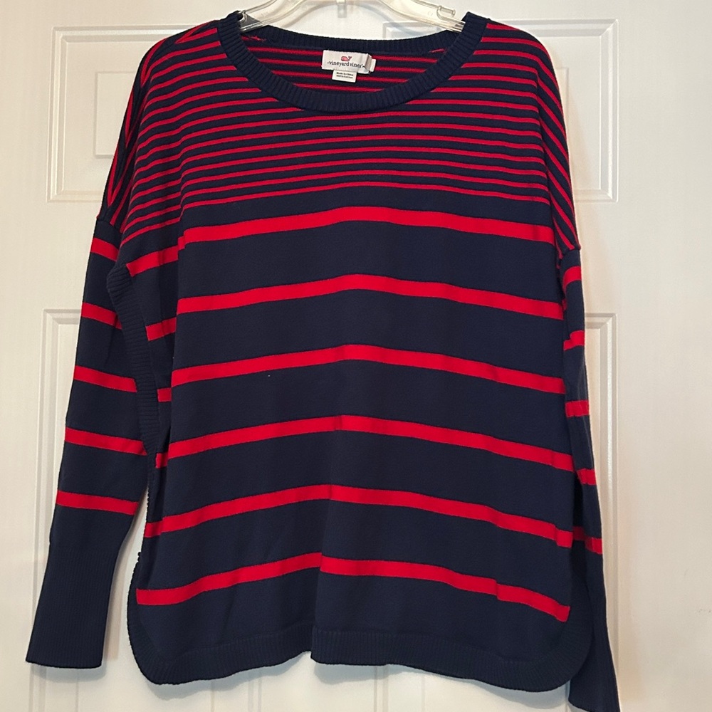Vineyard Vines Women’s Cotton Sweater L Navy Red Nautical Striped Crew Boxy